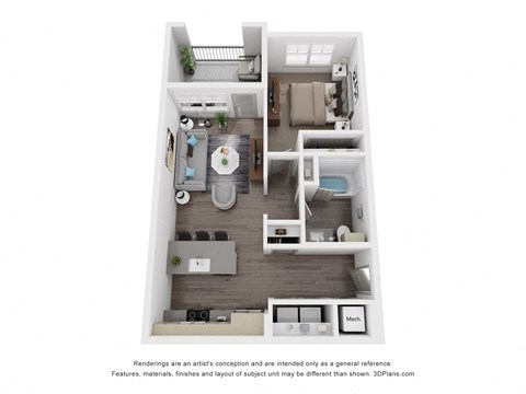 Floor plan for 1 bed, 1 bath, 690 sqft